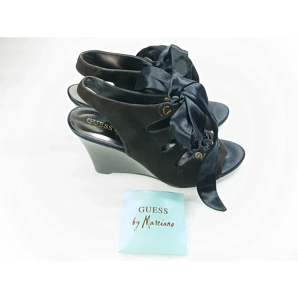 Guess by Marciano PManella Wedge Sandals – Black Multi Suede – Size 8 w/ Box